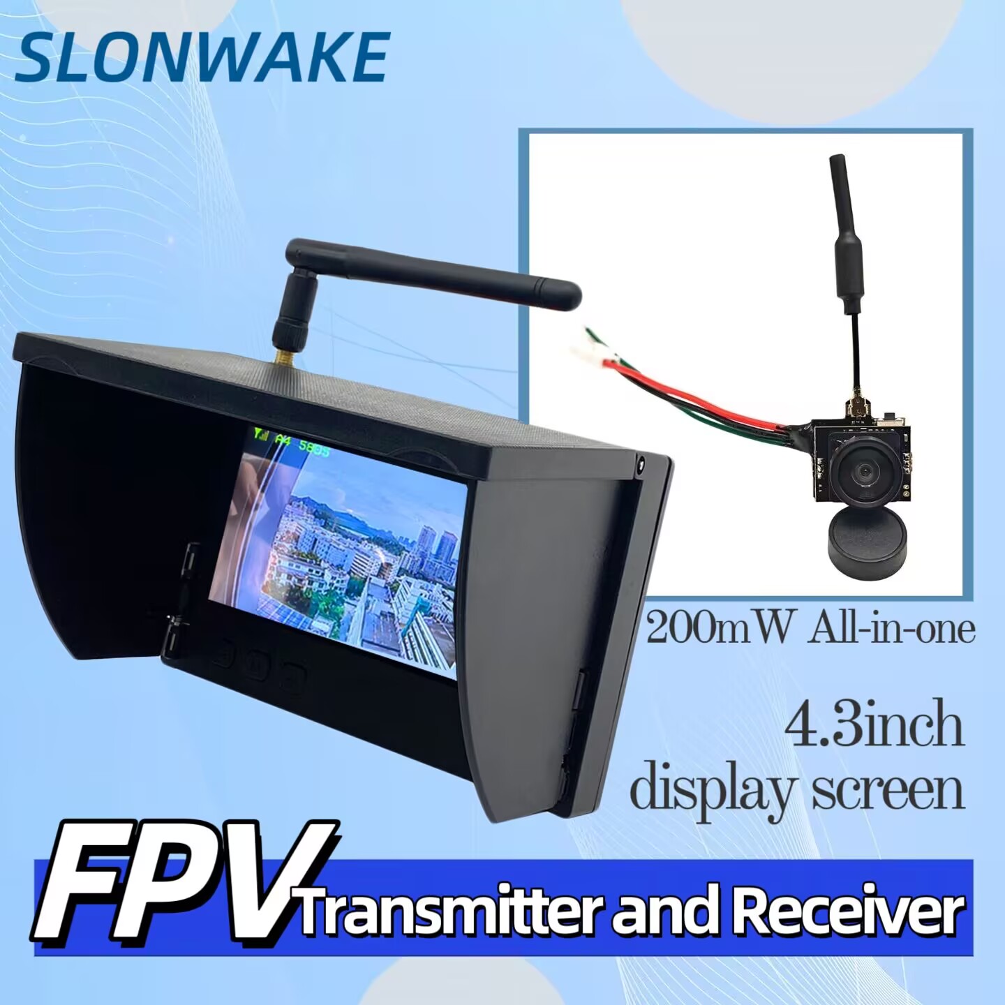 Drone Racing Camera - กล้องส่งสัญญาณวิดีโอแบบอนาล็อก SLONWAKE 5.8G 200mW ออลอินวัน พร้อมหน้าจอแสดงผล